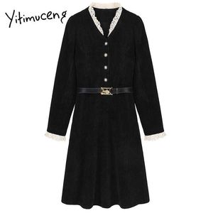 Yitimuceng Sashes Dresses for Women A-Line Solid Black Spring French V-Neck Long Sleeve High Waist Clothing Office Lady 210601