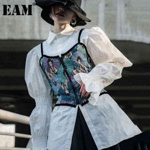 [EAM] Frauen Weiß Muster Gedruckt Bluse Revers Lange Laterne Hülse Lose Fit Hemd Mode Frühling Herbst 1DD6212 21512