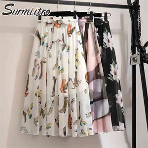Surmiitro Long Skirt Women For Spring Summer Lady Korean Style White Black Chiffon Sun School High Waist Midi Female 210621