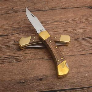 High Quality Pocket Folding Knife C Satin Blade Wood Brass Handle Outdoor Camping Hiking Survival Tactical Knives With Leather Sheath