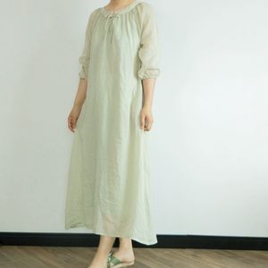 Johnature Summer Loose Leisure Solid Färg O-Neck Half Sleeve Bomull Linen Lace Up Dress Enkel Bekväm Kvinnor Klänning 210521