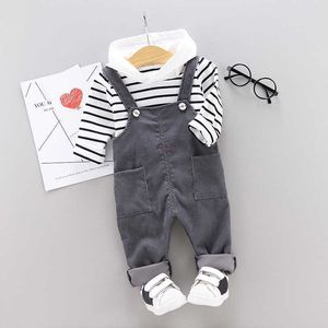 Spring Autumn Baby Boys Girls Clothes Infant Cotton Striped T Shirt Bib Pants 2pcs/sets Kids Garment Children Casual Sport Suit