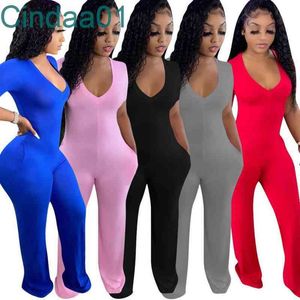 Tuta da donna Designer Onesies Slim Sexy Tinta unita Casual Pantaloni larghi a gamba profonda V profonda Manica corta Pantaloni larghi Pagliaccetti 5 colori