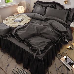 黒い寝具セットツインフルクールクイーンキングベッドスプレッドプリンセス布団カバーセットピローケースガールレースベッドスカート高級ベッドクローズ