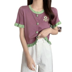 Lös och tunn kort kortärmad stickad tröja broderad cardigan topp sommar koreanska mode damkläder 210520