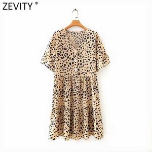 Zevity Women Vintage V Neck Leopardtryckskjorta Klänning Chic Kvinna Butterfly Sleeve Casual Slim A Line Vestido DS5089 210603