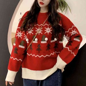 Johnature Women Clothes Cartoons Stickade Pullovers Jultröjor O-Neck Winter Mori Girl Casual Sweaters 210521