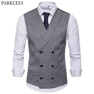 Fashion Houndstooth Double Breasted Vest Waistcoat Men Shawl Lapel Slim Fit Sleeveless Suit Vests Mens Business Formal Tuxedo 210522