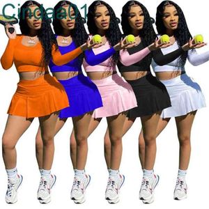 Womens Tracksuits Two Peices Set Designer Tennis Slim Sexy Spring Fall Yoga Sports Clothing Long Sleeve Crop Top Shorts Skirt Jogging Suit