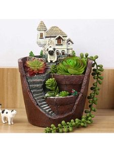 Mini House Figurines Resin Flower Pot for Herb Cacti Succulent Plants Planter 210615