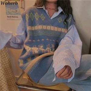 WOHERB ARGYLE Moda Örme Yelek Kadın Casual Kore Kazak Harajuku Kawaii Baskılı Bahar Sonbahar Kolsuz V Yaka Tank Top 210806