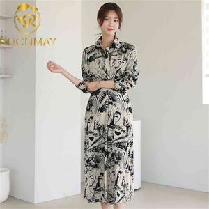 韓国の女性はドレス秋のラペル長袖の腰の折り目スリムなファッションシックなストリート壁印刷ドレス210506