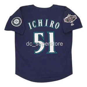 Cucito personalizzato Ichiro Suzuki 2001 Seattle Navy Blue Jersey w / All Star Patch Men Women Youth Baseball Jersey XS-6XL