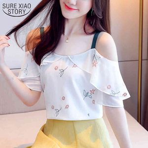 Sommar Koreansk stil Ruffled Chiffon Blouse Kvinna Slim Shirt A-Line Off-Shoulder Tryckt Kortärmad Kvinnans Skjortor 9618 210508