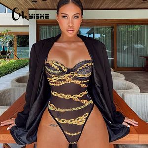 CNYISHE PRINT KVINNA STRAP BODYSUIT MESH SHEER SEE THE BODYCON SEXY ROMPERS Kvinnors Jumpsuits Sommar One Piece Overaller 210419