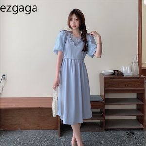 Ezgaga Fashion Puff Sleeve Dress Women Korean Chic Summer New Fake Two Piece High Waist Solid Robe Vestidos Feminino 210430