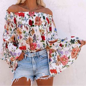 Kvinnor Sexig Av Skulder Blommor Blus Blus Toppar Sommar Lång Flare Ärm Casual Chiffon Boho Party Blouses Ropa de Mujer 210416