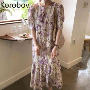 Korobov Spring Summer New Women Dress Korean Hit Color Vestidos Mujer Office Lady Puff Sleeve O Neck Dresses 210430