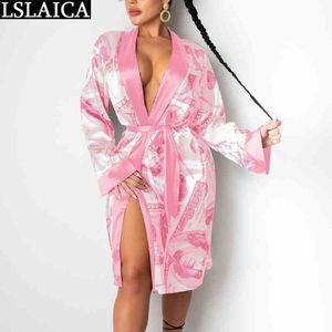 Sexig Long Coat Women Fashion Print Sleeve V Neck Bälte Kvinna Jacka Höst Öppna Stitch Kvinna Toppar Plus Storlek Drop 210520