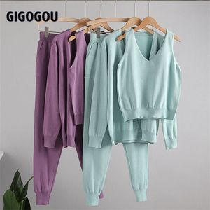 GIGOGOU 3 Pcs Knitted Suits Long Sleeve Jacket Cardigan Sweater Tank Top Pants Women Fashion Solid Costume Set Casual Tracksuits 211007
