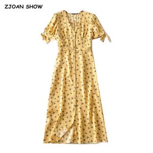 Eleganta franska kvinnor v nacke gul färg blommig tryck klänning sommar single-breasted knapp upp tröja slit vestido 210429