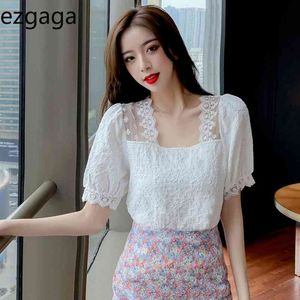 Ezdgaga Koronki Patchwork Bluzka Kobiety Lato Nowy Square Colr Smutki Puff Rękaw Koreański Chic Kwiatowe Koszule Slim Cienkie Sznurowanie Ladies Blusas 210430