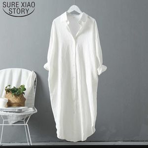 Cotton Long Section Shirts Plus Size Summer Women Blouses Linen Cottons Casual White/Blue Women Ladies Tops 6793 50 210527