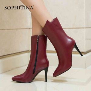 Sophitina Seksi Ince Topuk Çizmeler Yüksek Kalite Hakiki Deri Moda Sivri Burun El Yapımı Ayakkabı Fermuar Bayan Botları PO282 210513