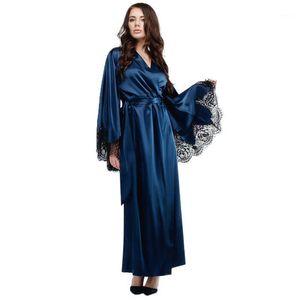 Kvinnors Sleepwear Robe Nightgown Kimono Bathrock Pure Silk Long Blue Satin Lace Trim Andra färger kan anpassas