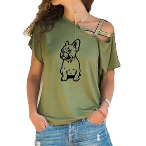 새로운 여름 프랑스 불독 T 셔츠 여성 면화 짧은 소매 소녀 Tshirt Lovely Dog 티셔츠 불규칙 스큐 크로스 붕대 티 210401