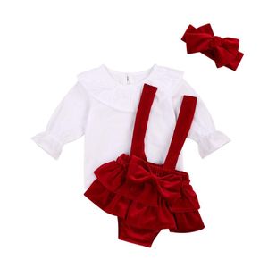 Conjuntos de ropa 2021 Niño Nacido Niño Niña 0-24M Ropa Set Ruffles Tops Blanco Arco Tímidos de terciopelo rojo Pantalones cortos Diadema Trajes Navidad