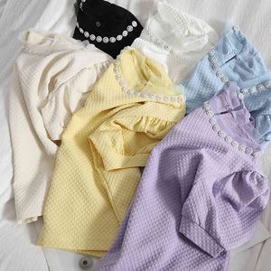 Moda Örgü Dikiş Boncuklu O Boyun Zarif Puf Kollu Gömlek Bluz Kadınlar Için Yaz Vahşi Ince Kore Vintage Üst Kadın 210420