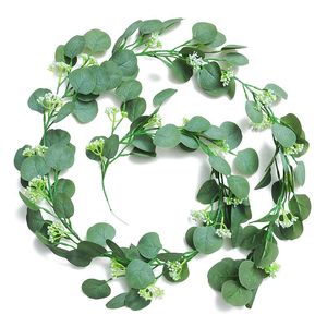 Flores decorativas Guirnaldas 6.39 pies Vid artificial Hoja de eucalipto Ivy Garland Green Gypsophila Plants Fake Home Plastic Rattan String Deco