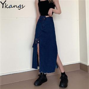 Women Summer Irregular High Waist Pocket Jeans Skirts Female Sexy Wrap Split Korean Vintage Long Denim Skirt Harajuku Streetwear 210421