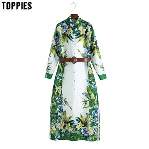 Toppies Novas Mulheres Manga Longa Vestido Primavera Flores Bloue Vestido com Faixa de Impressão Verde Vestido 210412