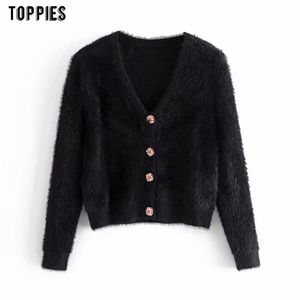 Woman Cardigan Sweater Black Faux Fur Tops Winter Button Jacket Coat Fashion V-Neck Short Cardigans 210421