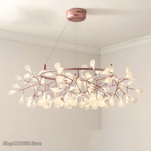 Pendant Lamps Nordic LED Firefly Chandeliers Acrylic Ring Branch Leaves Rose Gold Hanging Bedroom Living Room Lustre Lighting