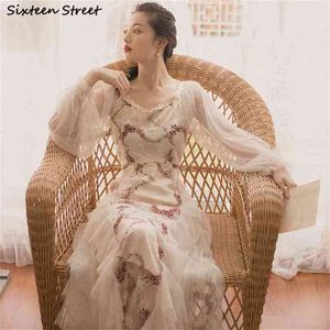 Flora Embroidery Mesh Dress Woman V-neck Elegant Night Party Dresses Female Long Lantern Sleeve Vestido Vintage 210603