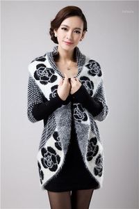 Atacado- 2021 Outono Mulheres Coreano Moda Flores Mohair Knit Shawl Cardigan Camisola Jaqueta Médio Long Soree 6