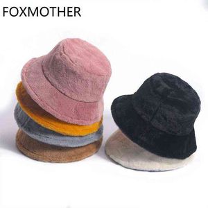 Foxmother 겨울 야외 휴가 레이디 파나마 검은 단색 두꺼운 부드러운 따뜻한 낚시 모자 가짜 모피 토끼 양동이 모자 여성 Y220301