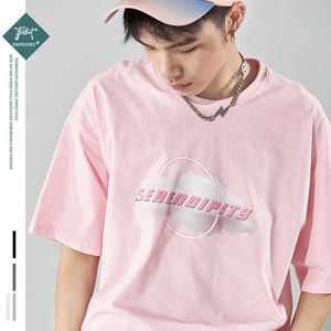 Hip Hop Erkekler T Gömlek Pembe Harajuku T-shirt Bulut Baskı Tshirt Erkekler Pamuk Rahat Kısa Kollu Streetwear T Gömlek Japonya Tarzı 210527