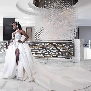 2021 Arabiic Arabic Aso Ebi Ebi Crystals High Split Suknie ślubne jedno ramię seksowne satynowe suknie ślubne ZJ205289W