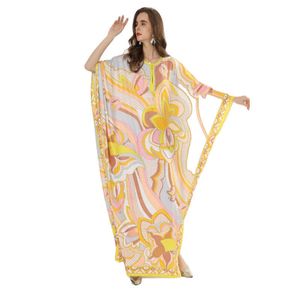 Plus Storlek Lös abstrakt Skriv ut Stickad Silk Robe O-Neck Batwing Sleeve Ankel-längd Bohemian Dress for Women 210615