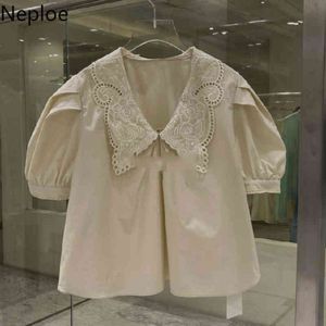 Neploe Ladies Tops Summer Blusas Mujer Sweet Hollow Out Turn-down Collar Blouses Loose Short Puff Sleeve Blouse White Shirt 210422