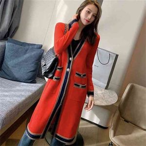Kadınlar Uzun Hırka Tasarımcısı V Boyun Tek Göğüslü Cepler Kırmızı Ölçekli Kazak Örme Ceket Giyim B059 210914