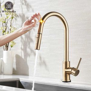 Pull Out Sensor Kitchen Faucet Brushed Gold Sensitive Touch Control Faucet Mixer For Kitchen Touch Sensor Kitchen Mixer Tap 210724