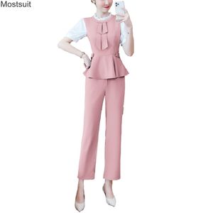 Summer Fashion OL Two Piece Sets For Women Plus Size 2xl Short Sleeve Tunic Tops And Pants Suit Outfit Work Clothes Korean 210518