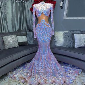 Long Fishtail Evening Dresses 2022 High Neck Långärmad Sparkly Färgglada Sequined Mermaid African Aso Ebi Black Girls Prom Gala Grows