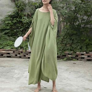 Johnature Women Green Vintage Dress Bat Sleeve O-Neckrockar Sommar Bomull Plus Storlek Kvinnor Kläder Vik Klänningar 210521