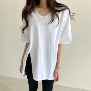 Coréia Selvagem Doces Cor O Pescoço Pullover T-shirts Para mulheres soltas Casual Meados de comprimento Split T-shirt de mangas curtas T-shirt das mulheres Tee 210514